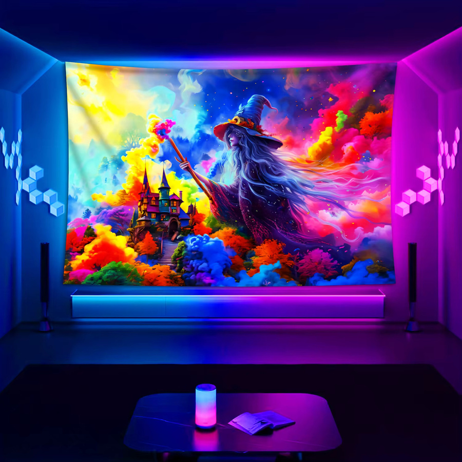 VIKAMA Magischer Hexen-Wandteppich mit Sternenhimmel und Schloss in Multicolour, B/H: 60 x 40 cm - Bild 3