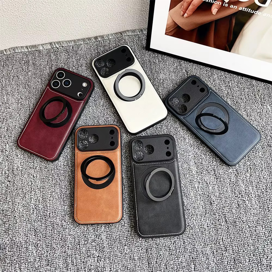 Magnetische Lederhülle in Weiß für iPhone 17 Air 16 15 14 13 12 Pro Max Plus mit 360 Grad drehbarem Metallringständer und MagSafe-Kompatibilität - Bild 2
