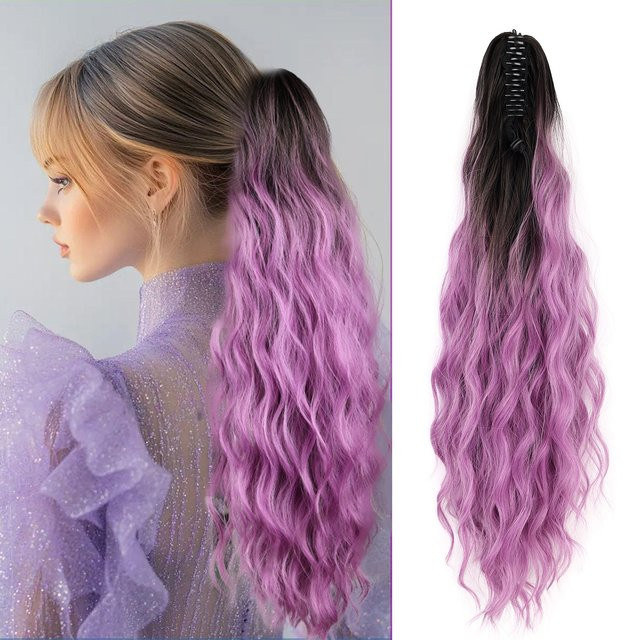 JIAMEISI Pferdeschwanz-Haarverlängerung, Ombre-lila, Wasserwellen, 61 cm, Damen - Bild 1