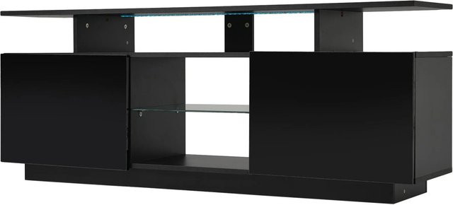 okwish TV Schrank mit LED Licht und Glasfächern in Schwarz, B/T/H: 140 x 35 x 55 cm - Bild 1