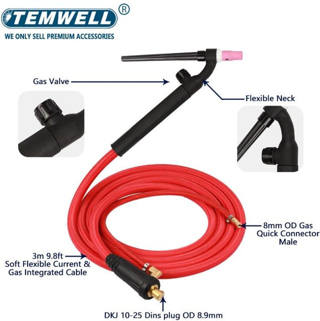 TEMWELL WIG-Schweißbrenner WP17 mit integriertem Schlauch und Kabel, 5 m Länge, mit 35-50 mm Euro-Stecker, gas- und elektrisch betrieben - Bild 1