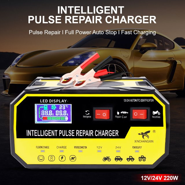Intelligentes Auto Batterie Ladegerät mit Spannung und Temperatur Erkennung sowie Puls Reparatur Funktion für RV, SUV, Motorrad und Lkw in Gelb - Bild 1