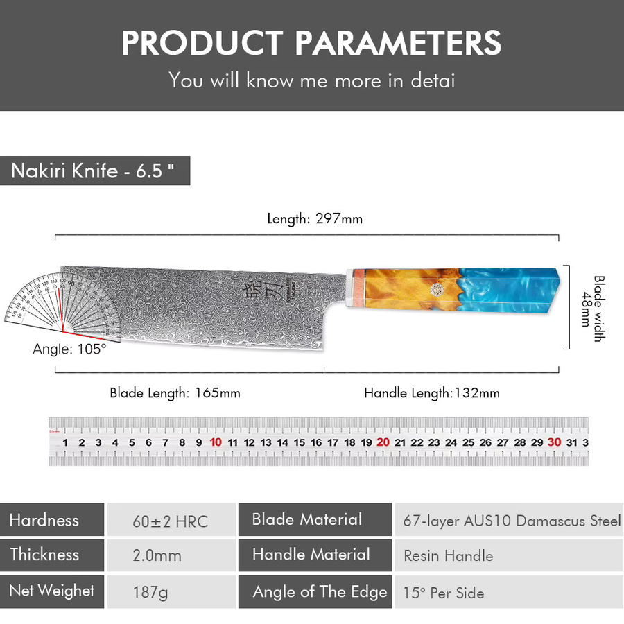 Handgemachtes Nakiri-Messer aus Damaststahl von TURWHO für Gemüse und Fleisch - Bild 6