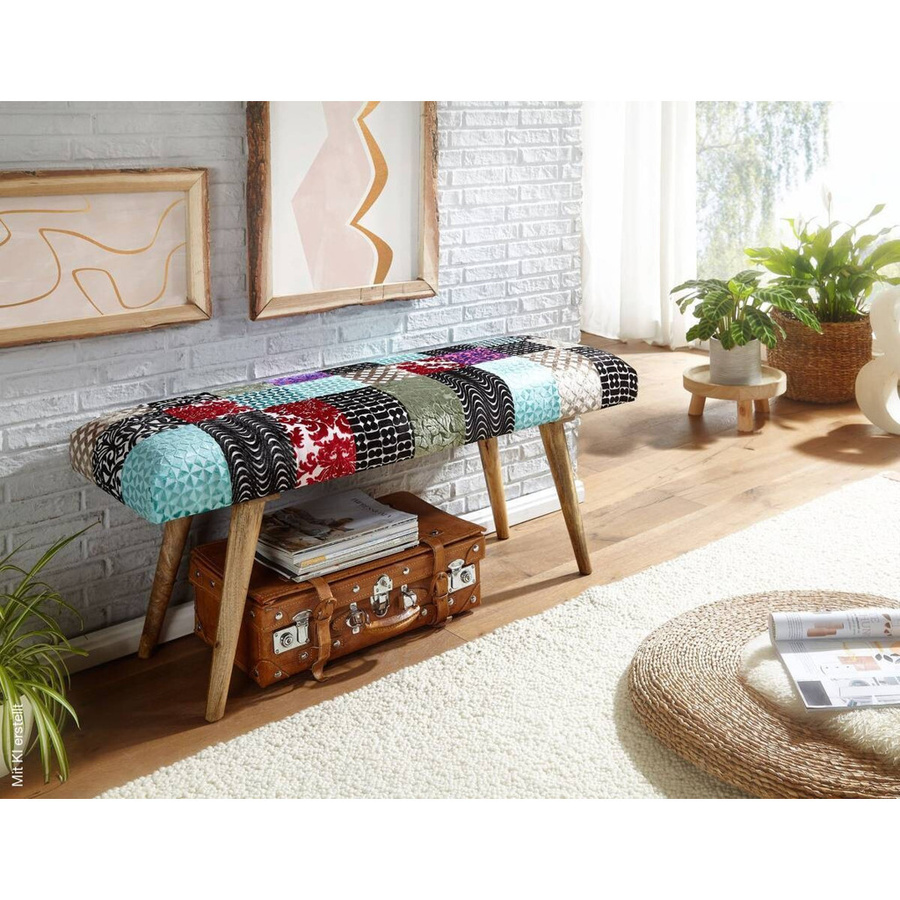 Wohnling Sitzbank Boho mit buntem Stoff und Echtholz aus Mango, B/H/T: 117 x 51 x 38 cm - Bild 5