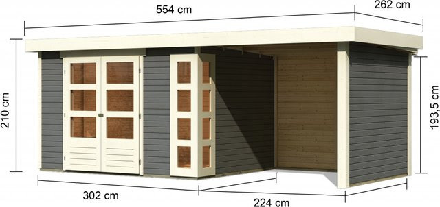 Gartenhaus KERKO 5 in Terragrau mit Anbaudach, Seiten- und Rückwand, B: 302 cm, T: 246 cm, Wandstärke: 19 mm - Bild 1