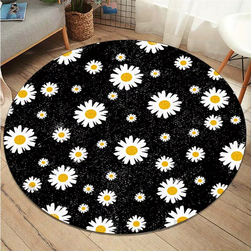 VIKAMA Runder Teppich Fresh Daisy in Schwarz, waschbare Bodenmatte mit floralem Design für Schlafzimmer, Büro und Eingangsbereich, Durchmesser: 80 cm - Bild 2