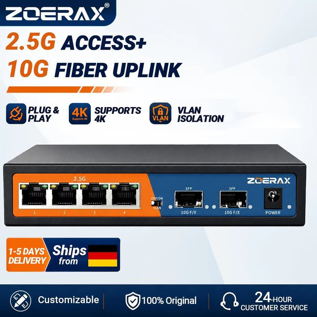 ZoeRax 6-Port Multi-Gigabit Ethernet Netzwerk-Switch mit 4-Port 2.5Gb RJ45 und 2-Port 10G SFP+, Unmanaged mit 4KV Blitzschutz und One-Key-VLAN, Schwarz - Bild 1
