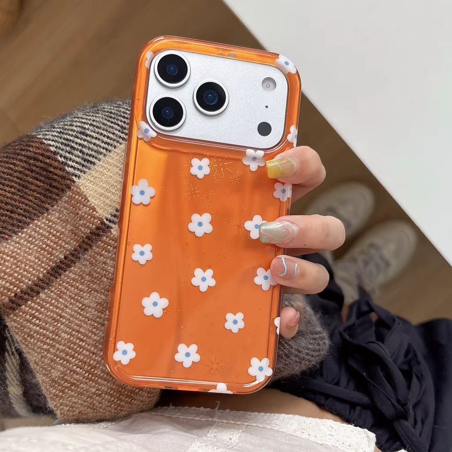 Stoßfeste Handyhülle für iPhone 17, 16, 15 und 14 Pro Max mit glänzendem orangefarbenem Hintergrund und weißen Blumenmustern - Bild 2