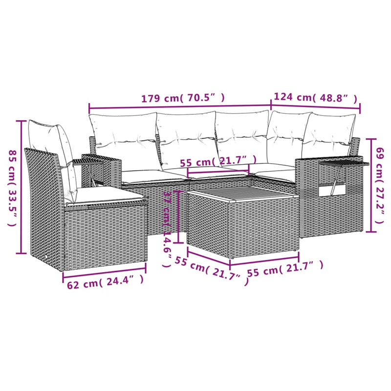 Vidaxl 6-teiliges Gartenmöbel-Set aus Polyrattan und Akazie mit Kissen, Grau - Bild 3