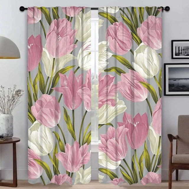 Blumen Vorhänge für Kinderzimmer und Schlafzimmer, 2 Paneele, floraler Design, halbtransparent, Mehrfarbig, Breite: 50 cm, Höhe: 70 cm - Bild 1