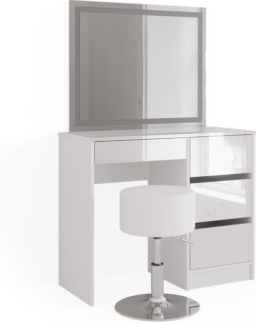 Vicco Schminktisch Sherry Weiß Hochglanz mit LED-Spiegel und Hocker, B: 90 cm, H: 75 cm - Bild 1