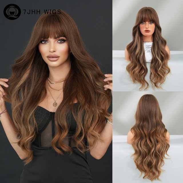 7JHH WIGS Perücke, lang, gewellt, honigbraun, synthetisch, Damen - Bild 1