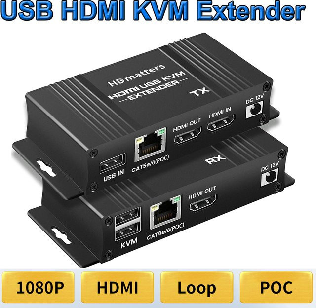 HDmatters USB HDMI KVM Extender Splitter in Schwarz mit 4K UHD Unterstützung und Ethernet-Anschluss für Maus und Tastatur - Bild 1