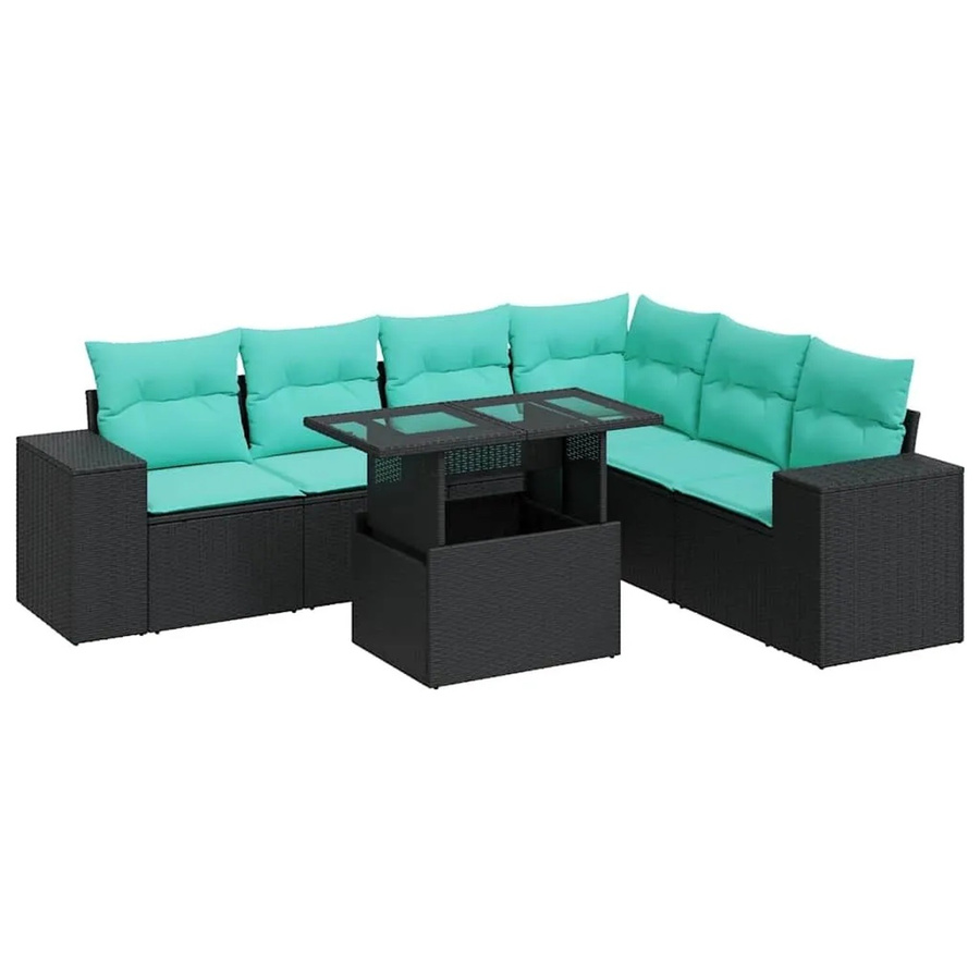 vidaXL 7-teilige Garten-Sofagarnitur in L-Form aus schwarzem Poly-Rattan mit Kissen und pulverbeschichtetem Stahlgestell - Bild 2