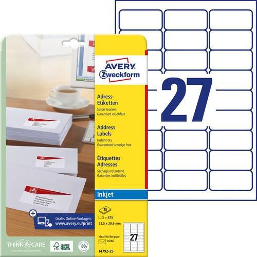 Avery Zweckform Adress-Etiketten Weiß, Papier, für Inkjet, FSC-zertifiziert, B: 63,5 mm, H: 29,6 mm - Bild 1