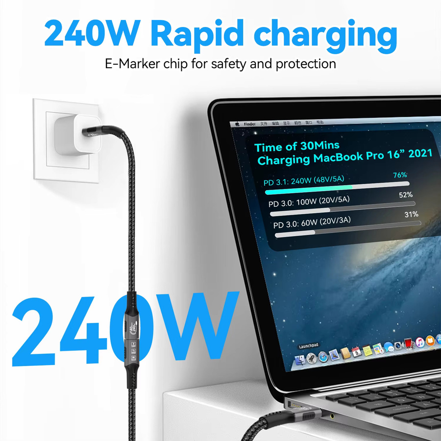 FDBOY USB4 Typ C Kabel 240W Schwarz mit 40Gbps und 8K@60Hz Unterstützung für Thunderbolt 3/4 sowie PD3.1 und QC4.0 Schnellladung - Bild 3