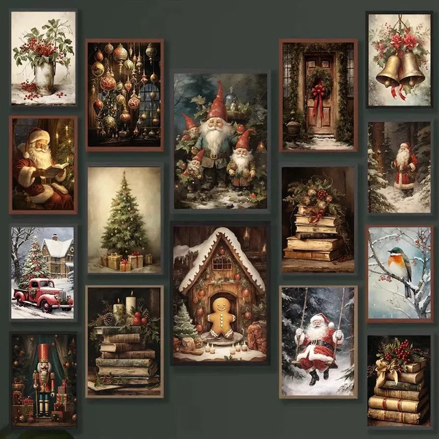 Potdemiel Leinwand Kunstdruck Retro Weihnachtsbaum und Schneemann in Winterlandschaft, Mehrfarbig - Bild 1