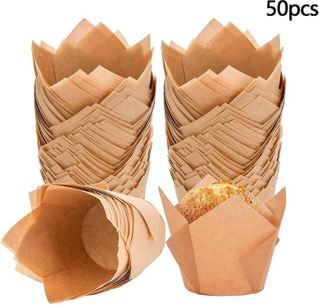 50 Stück Tulip Muffin Cupcake Papierbecher von Two Shy Girl in Braun und Weiß, Öldichte Backförmchen aus Papier für Cupcakes und Muffins - Bild 1