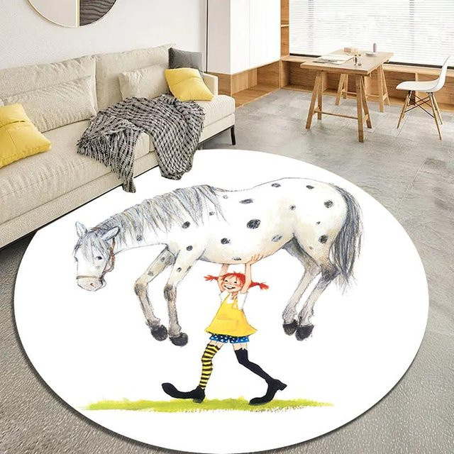 Runder Pippi Langstrumpf Teppich von On My Love Home in Grau und Weiß, rutschfeste Bodenmatte für Wohnzimmer, Schlafzimmer oder Spielzimmer, Durchmesser: 80 cm - Bild 1