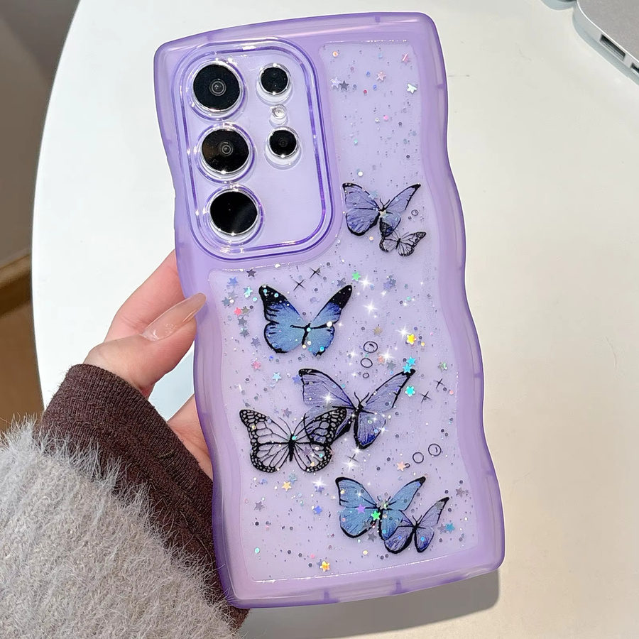 Glitzernde Handyhülle mit Sternenhimmel- und Schmetterlings-Design in Blau für Samsung Galaxy S22 S23 S24 S25 Ultra Plus FE mit unregelmäßigem gewelltem Rand und Anti-Drop-Schutz - Bild 2