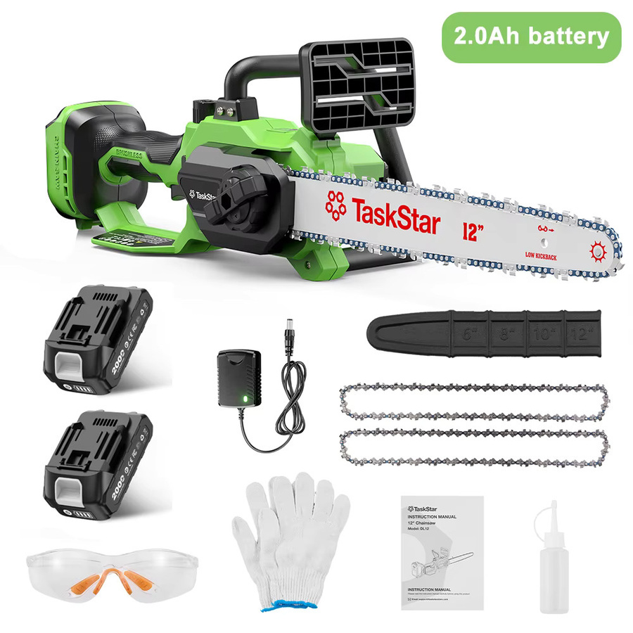 TaskStar 12-Zoll-bürstenlose elektrische Handsäge, kabellose Kettensäge in Grün mit automatischer Schmiervorrichtung, Sicherheitsverriegelung und 2 Akkus à 4000 mAh - Bild 9