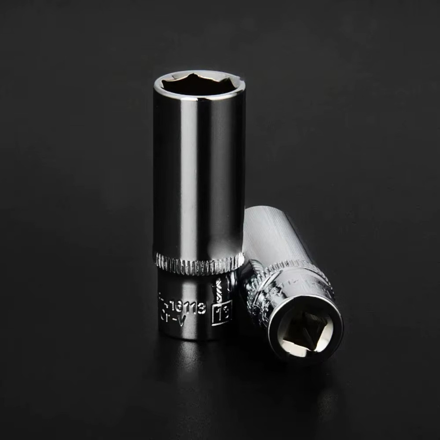 Steckschlüssel-Adapter-Set aus Chrom-Vanadium-Stahl mit 3/8 Zoll Anschluss, Sechskant-Langhülsen in den Größen 6-24 mm, Farbe Silber - Bild 3