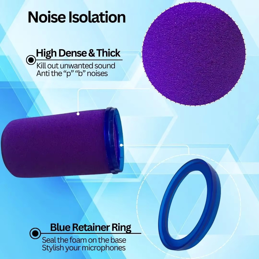 Okrinos Mikrofon-Windschutz aus Schaumstoff in Violett mit blauem und mehrfarbigem Haltering für SM7B und SM7dB Mikrofone - Bild 2