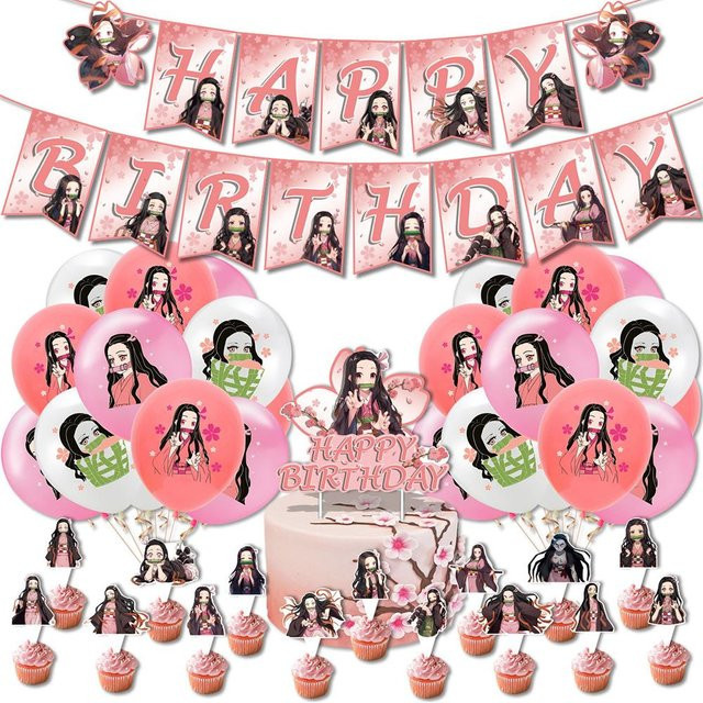 43-teiliges thankBUY Demon Slayer Nezuko Partyzubehör Set in Pink mit Banner, Luftballons und Kuchenaufsatz für deinen Geburtstag - Bild 1
