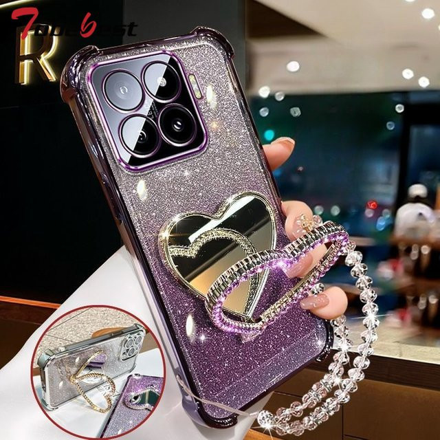 Glitzer Handyhülle für Xiaomi 15 Ultra 14T 14 Pro 13 12S mit Make-up-Spiegel, Halterung und Kristallarmband in Schwarz - Bild 1