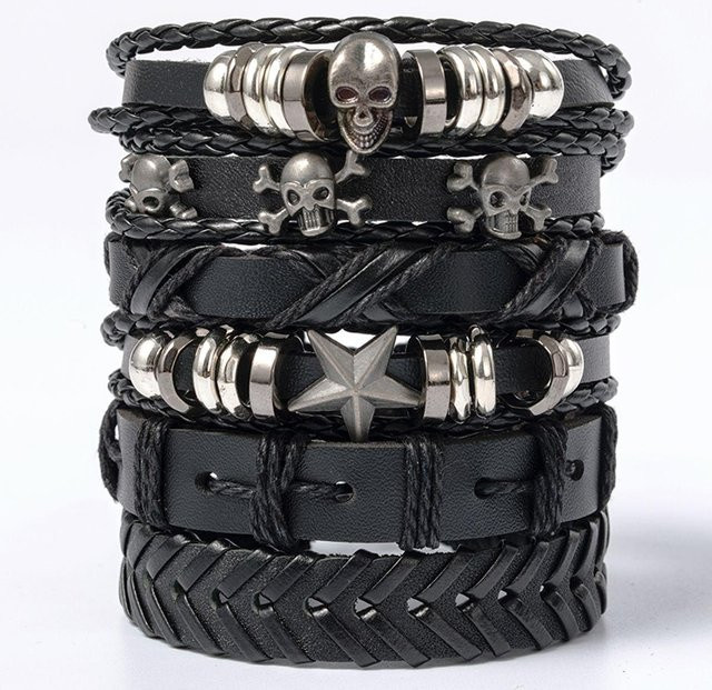 Fashion Maker 2 Armband-Set, Totenkopf & Stern, Legierung & PU-Leder, Schwarz, Unisex - Bild 1