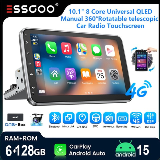 ESSGOOO Android 15 Autoradio mit 10,1 Zoll Drehbarer Bildschirm, 6+128GB, Drahtloses CarPlay, GPS, WiFi, Bluetooth und DSP, Schwarz - Bild 1