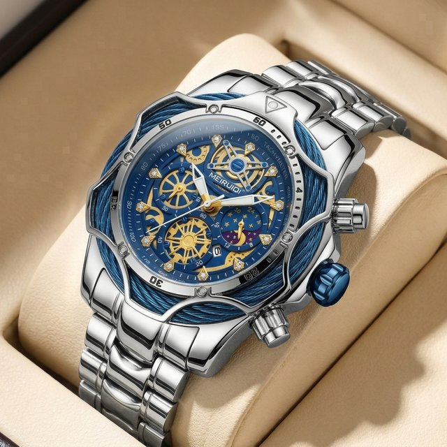 MEIRUIQI Armbanduhr Automatik, Edelstahl, blaues Zifferblatt, Herren - Bild 1