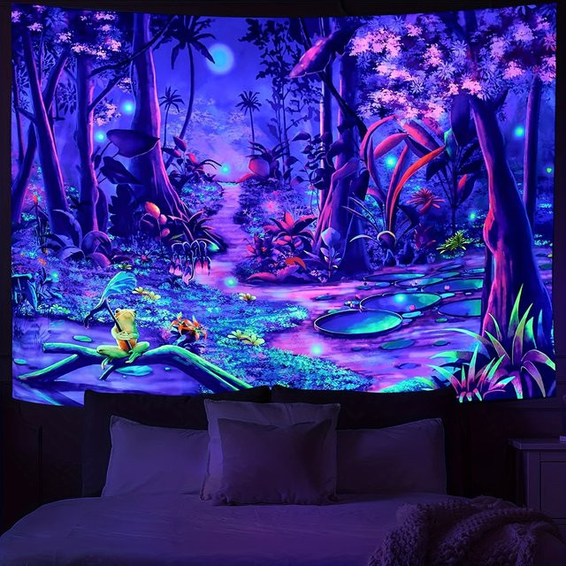 VIKAMA Fantasy Forest Wandteppich mit Mondlicht, Sternenhimmel und Frosch in Lila-Blau, B/H: 60 x 40 cm - Bild 1