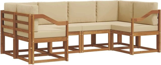 vidaXL Outdoor-Sofagarnitur 6-teilig aus Akazienholz in Natur und Beige mit Kissen und Armlehnen - Bild 1