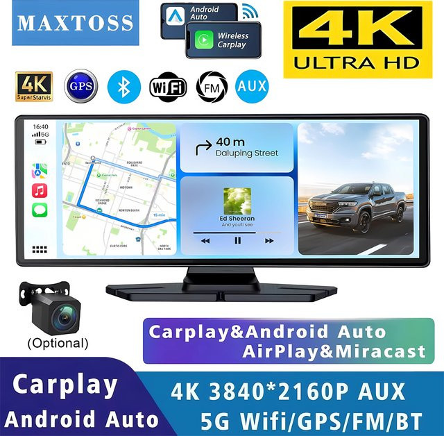 Maxtoss 10,26 Zoll Auto-Dashcam mit 4K Auflösung, Carplay und Android Auto, Dual-Linsen-Kamera mit GPS, 5G WLAN und Bluetooth in Schwarz - Bild 1