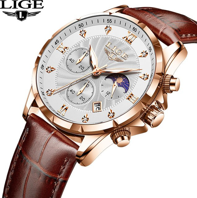 LIGE Armbanduhr Quarz, Leder, Roségold, Silber, Herren - Bild 1