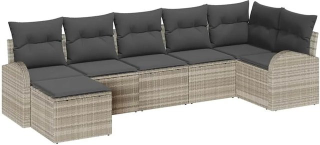 vidaXL Garten-Sofa-Set aus Polyrattan in Hellgrau, 7-teiliges L-Shape Lounge-Set mit Kissen für Garten, Balkon und Terrasse - Bild 1