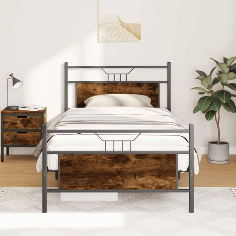 Bettgestell ohne Matratze von Vidaxl in Räuchereiche Braun aus Holzwerkstoff und Stahl im Industrial Design B/T/H: 100 x 190 x 105,5 x 91,5 cm - Bild 1
