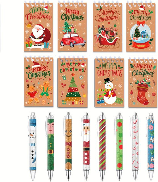 Weihnachts-Schreibset mit 8 Leder-Spiralnotizbüchern und 8 einziehbaren Weihnachtsstiften in Mehrfarbig - Bild 1