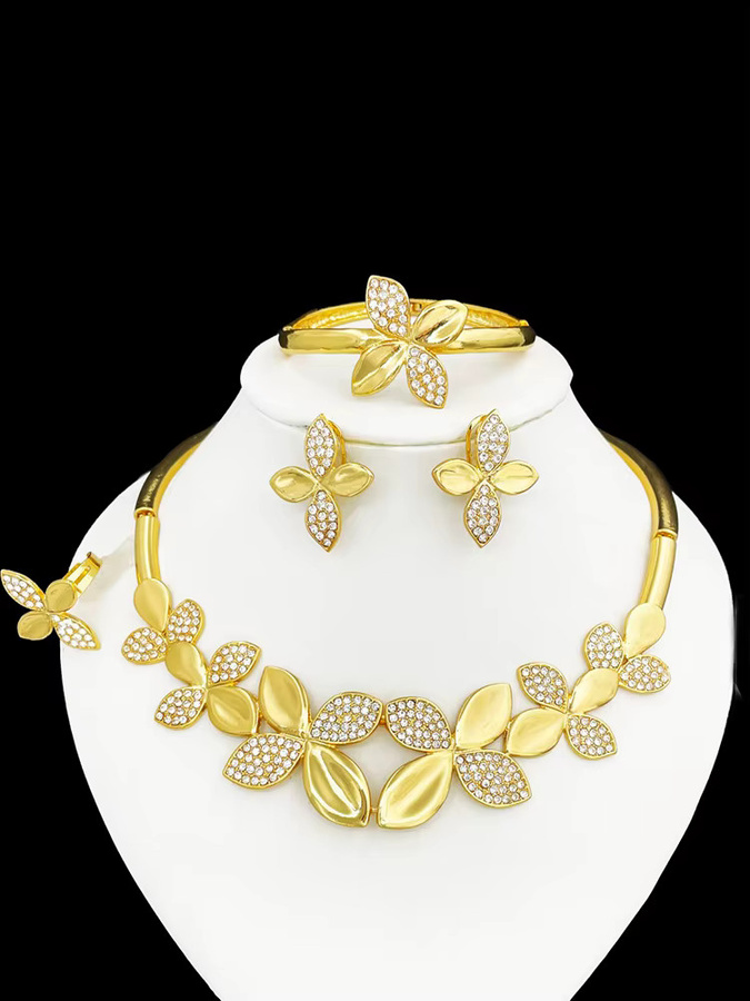 GZJPEI Schmuckset, Blätter-Choker-Armband, Ohrring, Ring, Gold, Zirkonia, Unisex - Bild 3