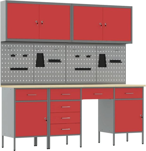 vidaXL Werkbank mit Schubladen und Pegboard aus Holz und Stahl in Rot, 10-teiliges Set - Bild 1