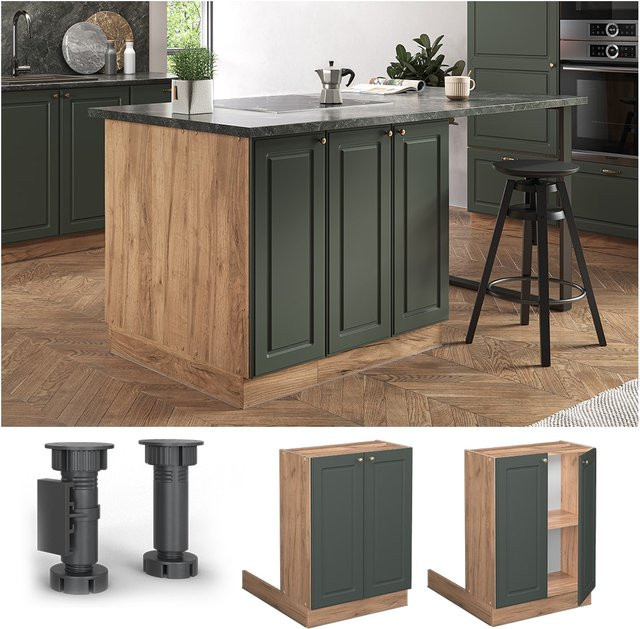 Vicco Küchenunterschrank Fame-Line Landhaus Eiche Grün mit Gold-Details und Softclose-Scharnieren Breite: 60 cm - Bild 1