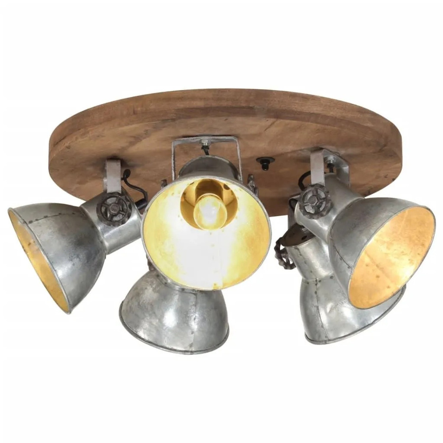 vidaXL Deckenleuchte im Industrial Style aus Eisen und Mango-Massivholz in Vintage-Silber, E27, B: 50 cm, T: 50 cm, H: 25 cm - Bild 2