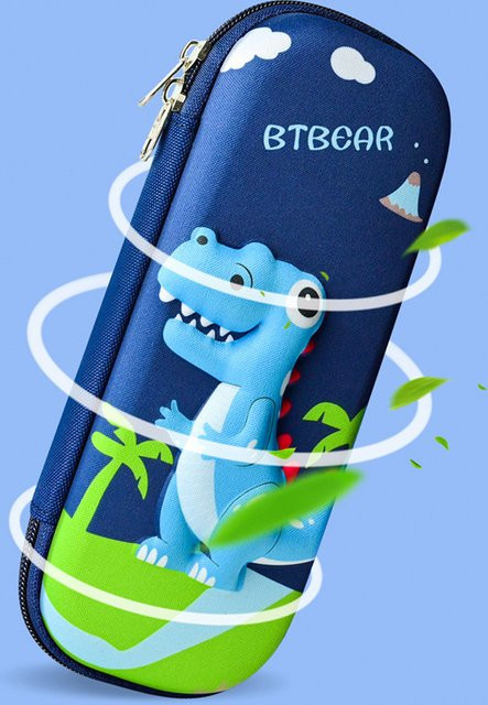 EVA Federmäppchen Kawaii 3D Design mit Dinosaurier und Rakete, blaues Stiftetui aus Kunststoff für den Schulbedarf - Bild 1
