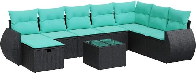 vidaXL 9-tlg. Garten-Sofagarnitur in L-Form aus schwarzem Poly-Rattan mit Kissen und pulverbeschichtetem Stahlgestell - Bild 1