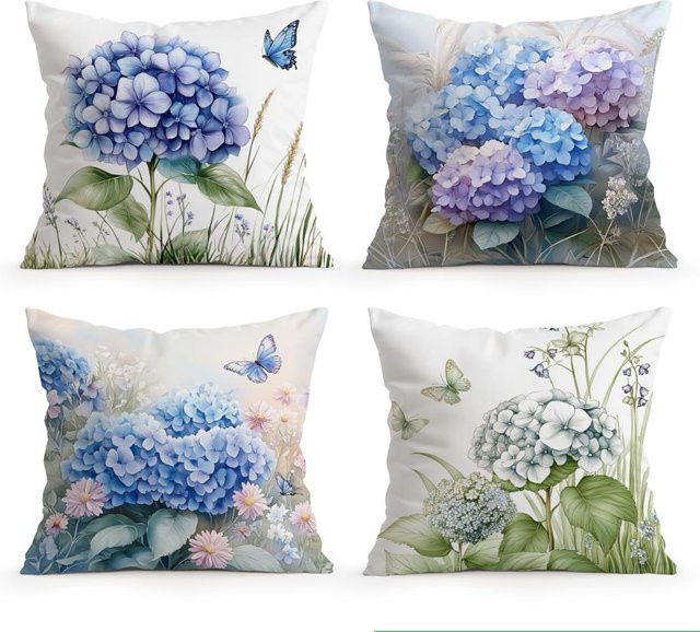 Tinika Chen Hortensien Kissenbezug mit floralem Design aus Polyester in Blau, B/T/H: 45 x 45 x 45 cm - Bild 1