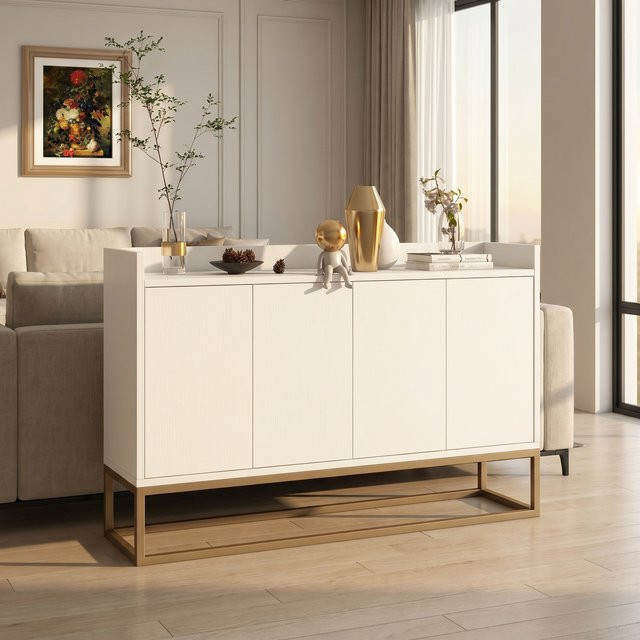 Superaly Weißes 4-Türiges Sideboard mit Metallgestell und Sprühlackierten Beinen, Moderner Buffetschrank für Wohnzimmer, Esszimmer oder Eingangsbereich - Bild 1