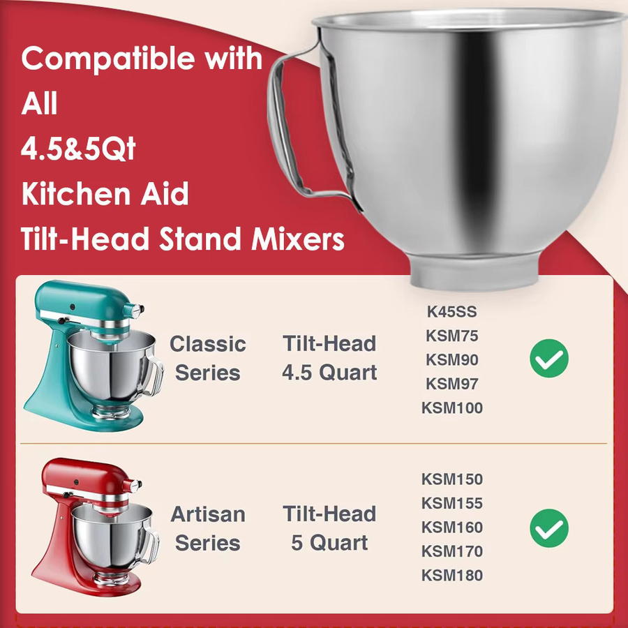Edelstahl-Mixerschüssel mit Deckel in Silber, kompatibel mit KitchenAid Tilt-Head Stand Mixern, 4,5-5 Quart - Bild 2