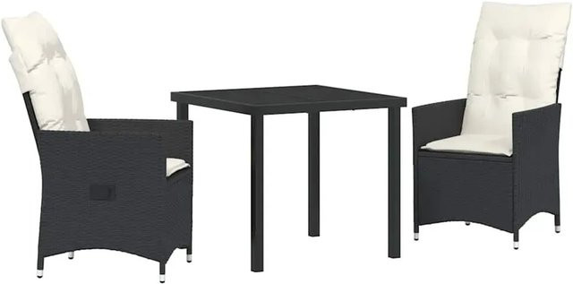 vidaXL Garten Essgruppe aus Poly-Rattan mit Kissen und Sicherheitsglas, 3-teilig, Schwarz, B/T/H: 80 x 73 x 80 cm - Bild 1