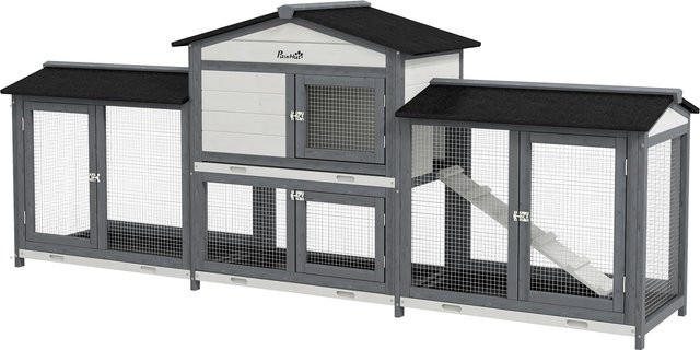 PawHut Hasenstall aus Holz mit Freilaufgehege und 2 Etagen, Kleintierstall für Zwergkaninchen und Meerschweinchen in Hellgrau, B/T/H: 230 x 53 x 93,5 cm - Bild 1